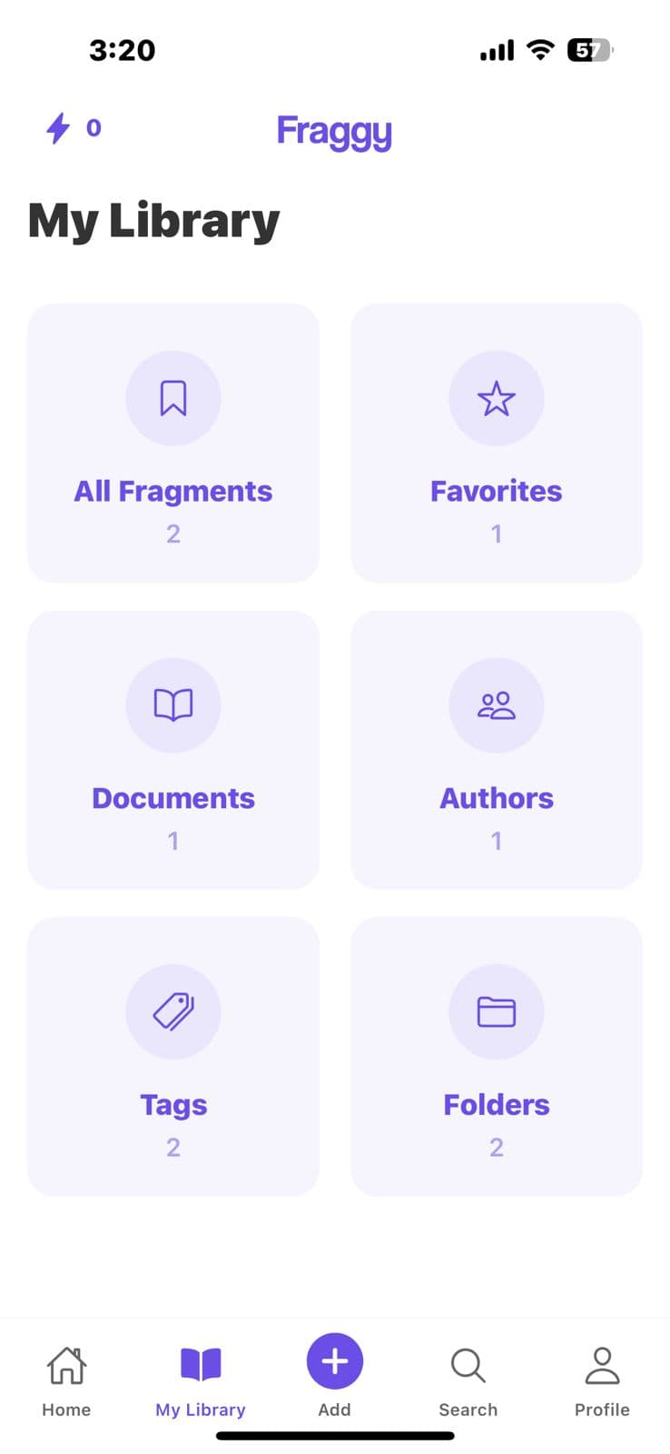 Fraggy Library screen